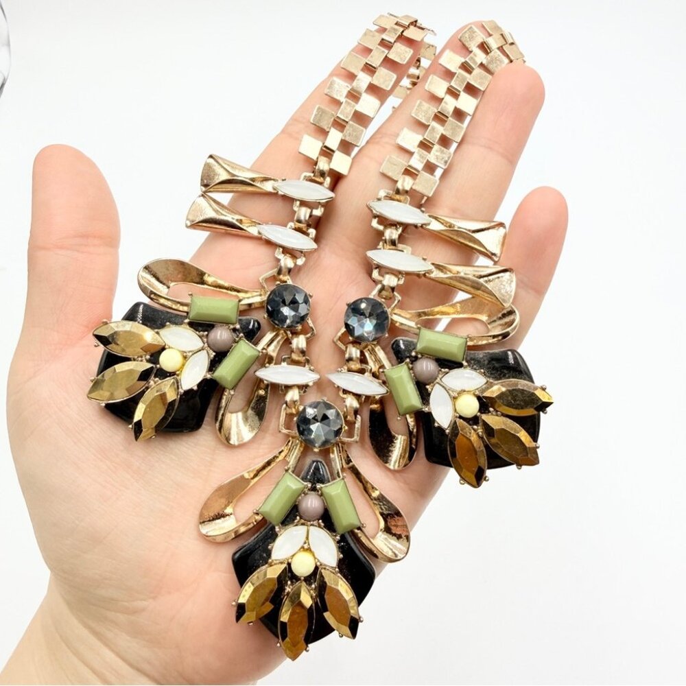 Vintage Whimsical Ways Statement Necklace Gold Tone Crystal Bib Chunky